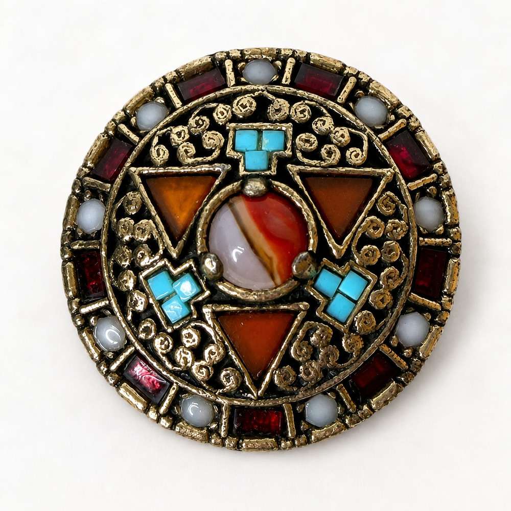 Vintage Miracle Celtic Brooch Pin Multi Color Faux Agate Signed England